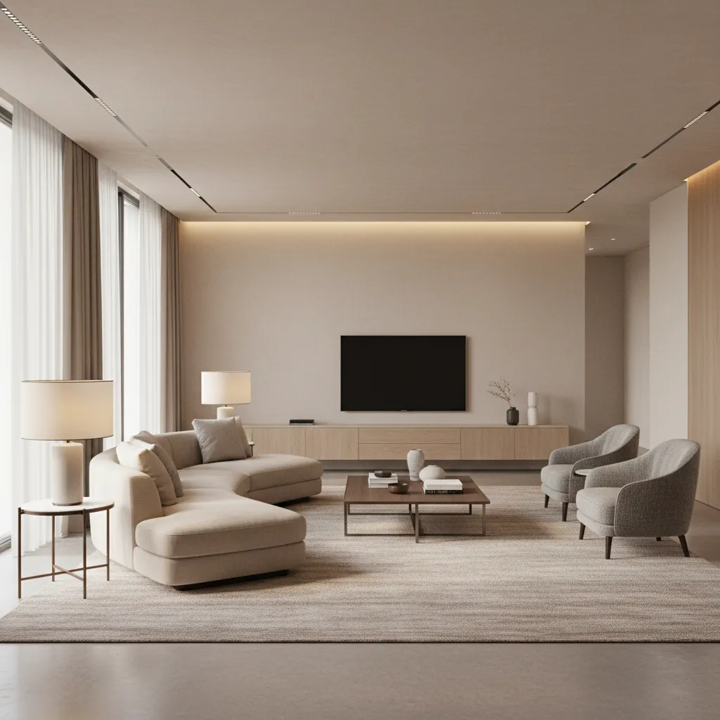 Modern living room with beige curved sofa grey chairs wooden coffee table and wall TV