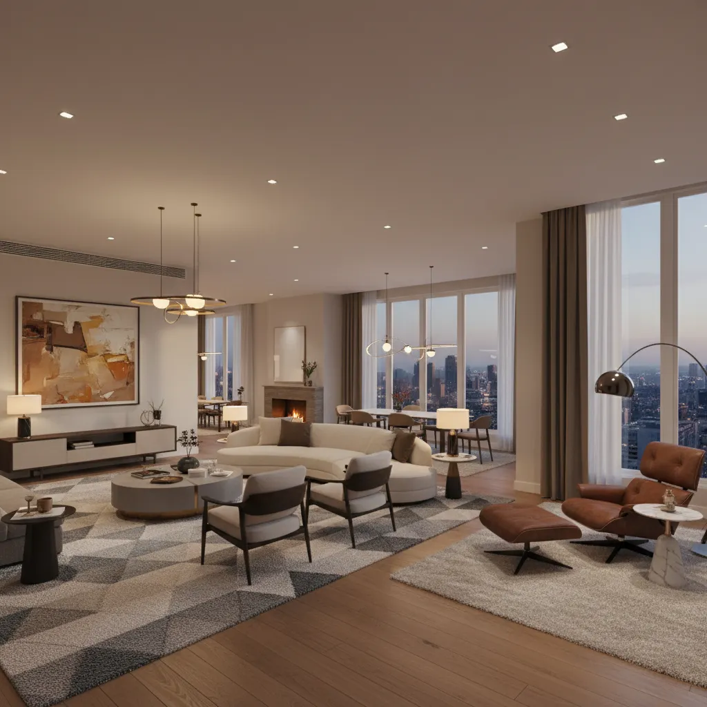 large living room with multiple seating areas and balanced layout
