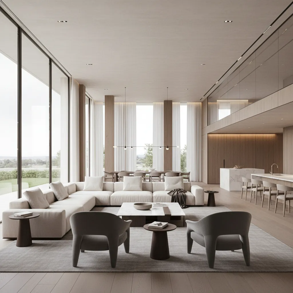 spacious open plan living room layout with central seating area