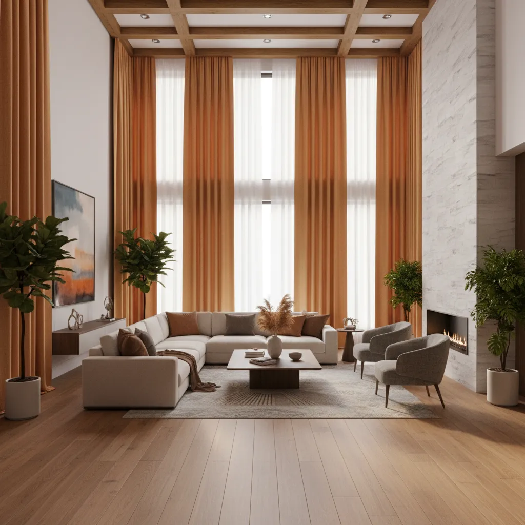 Large living room where orange curtains balance spacious interior