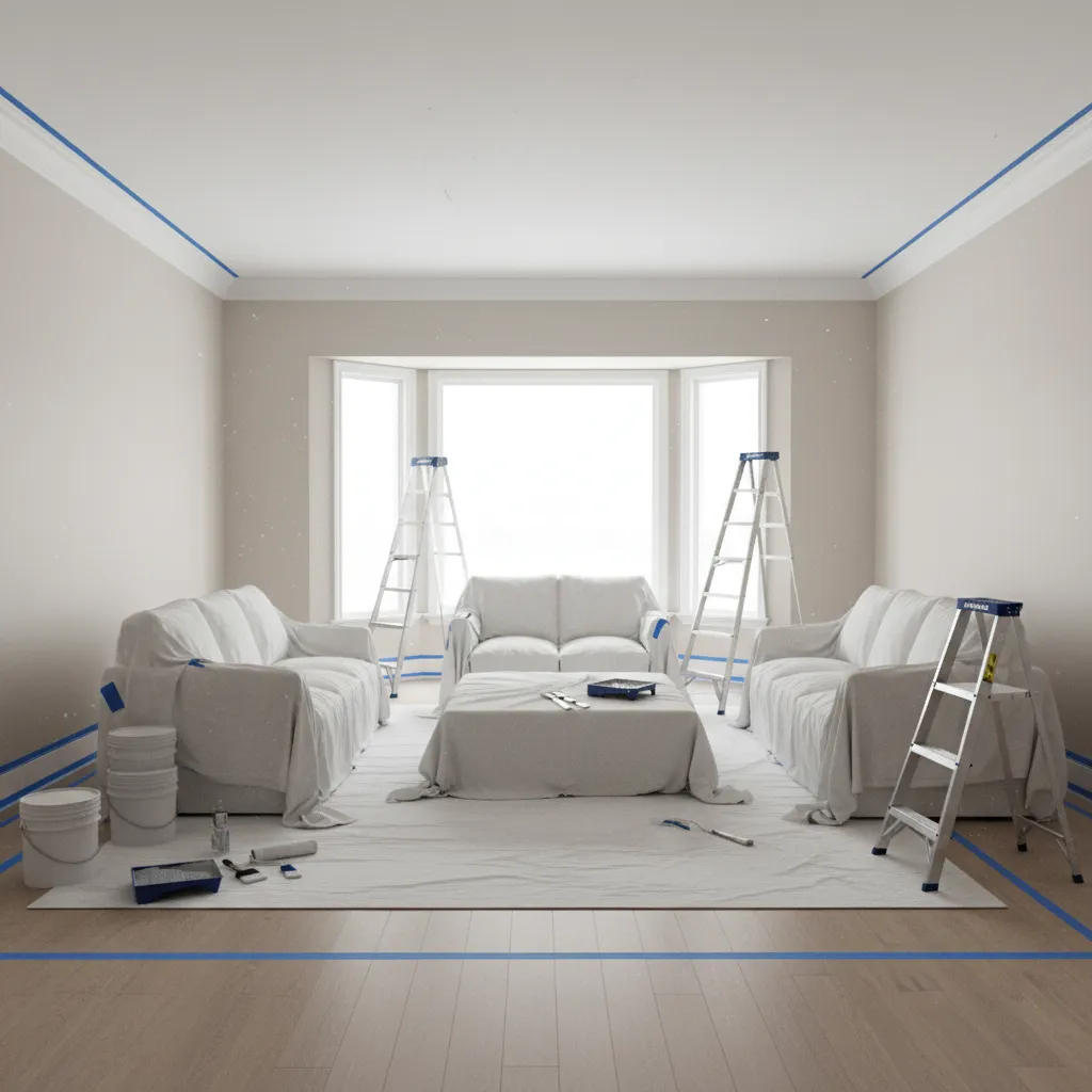 large living room prepared for painting with covered furniture and taped walls