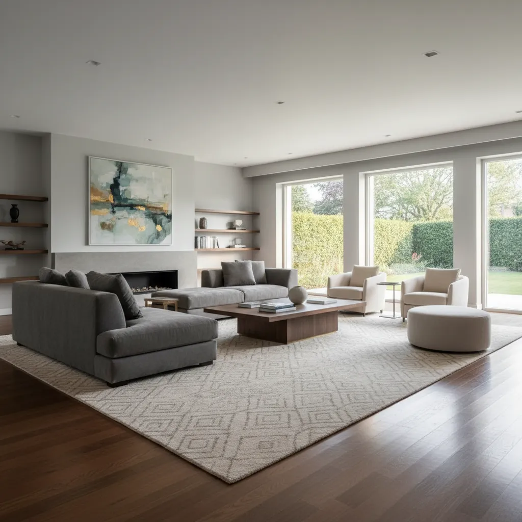 Large living room with oversized area rug installed flat under seating arrangement