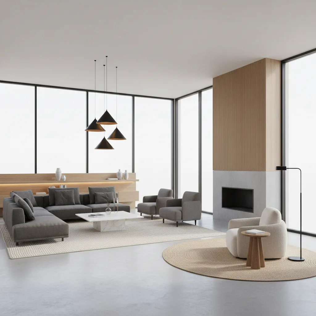 large living room showing rug and lighting used to define seating areas