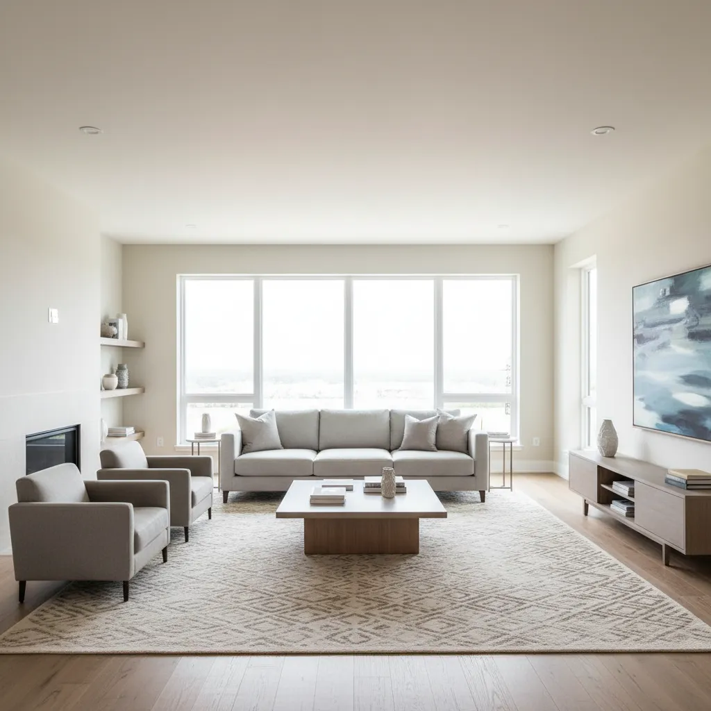 Large living room seating area with sofa and accent chairs around coffee table