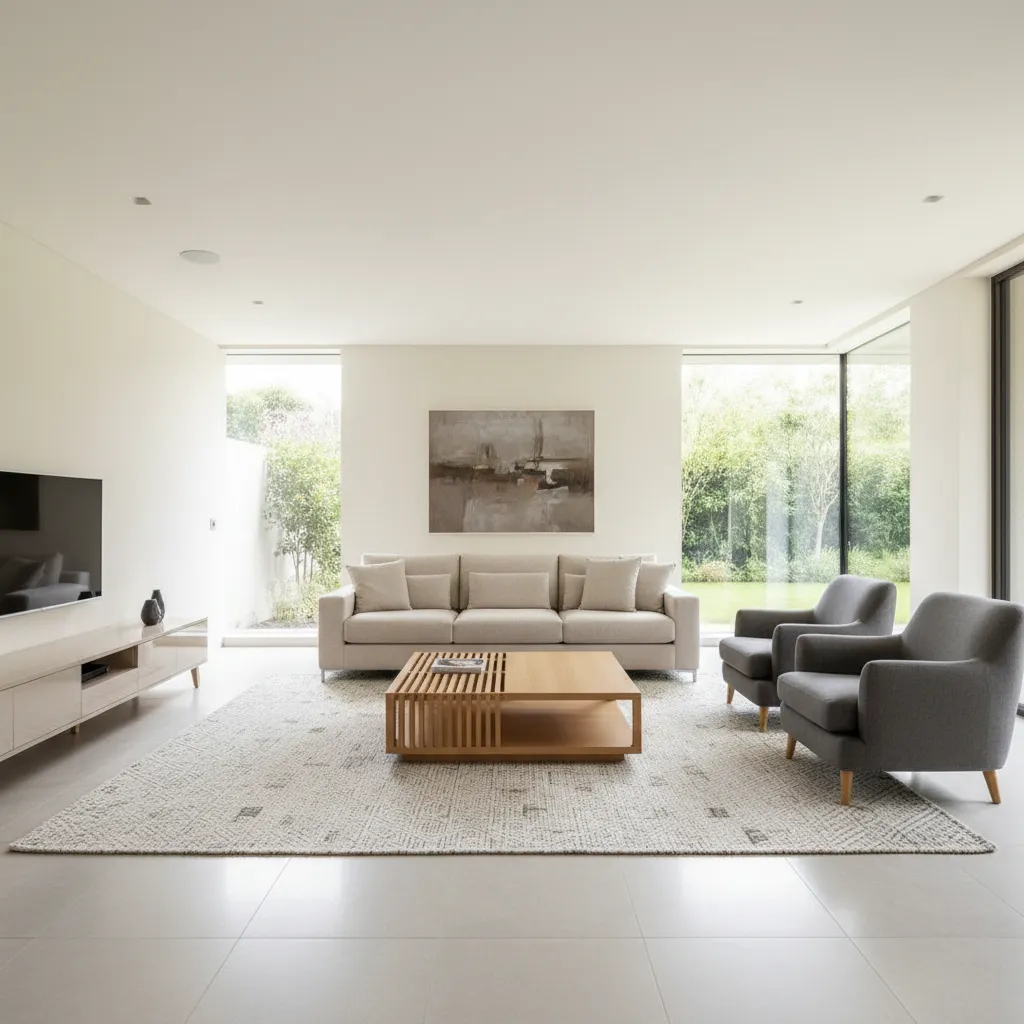 spacious living room seating zone with sofa chairs and rug layout