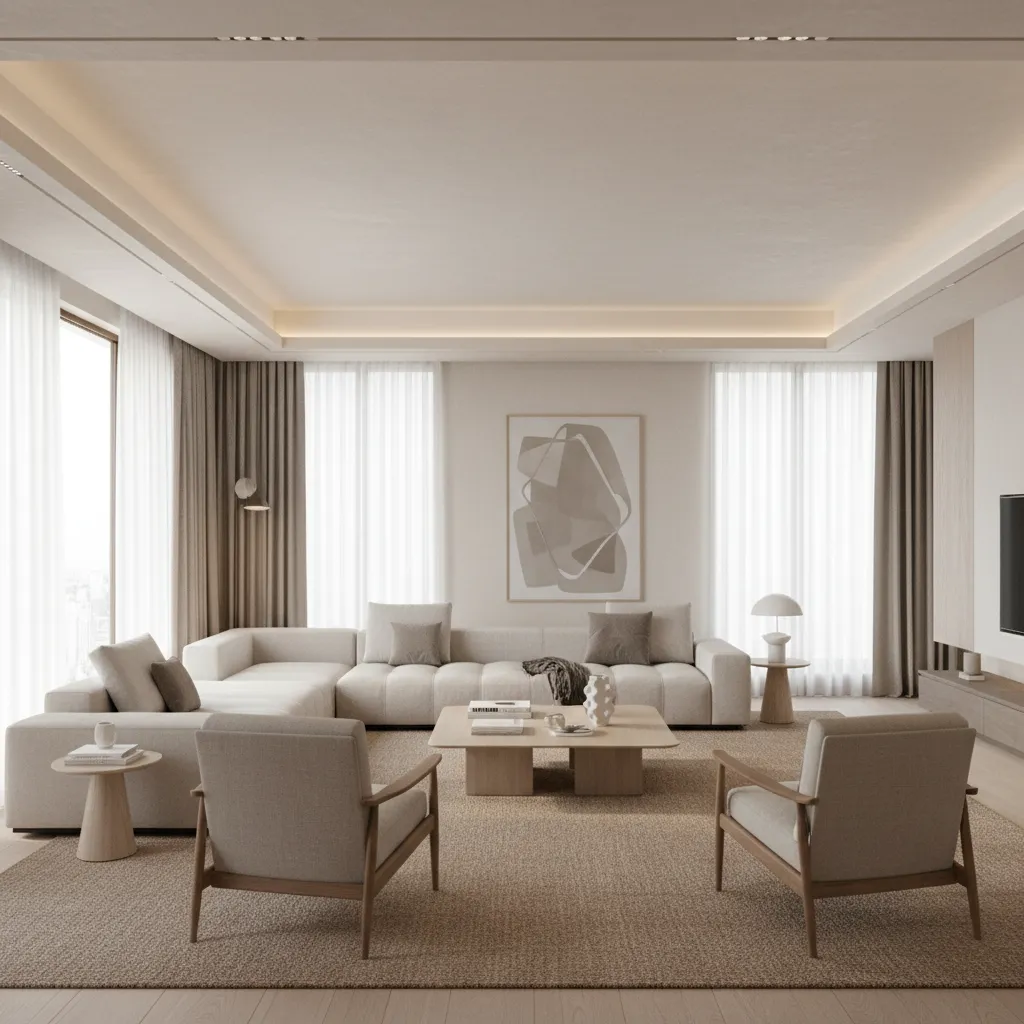Large living room with a properly scaled sofa and seating arrangement
