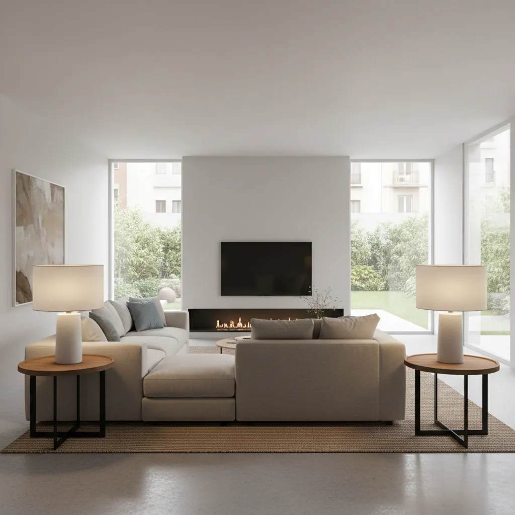 Modern white living room with beige sofa wall TV fireplace and two large table lamps
