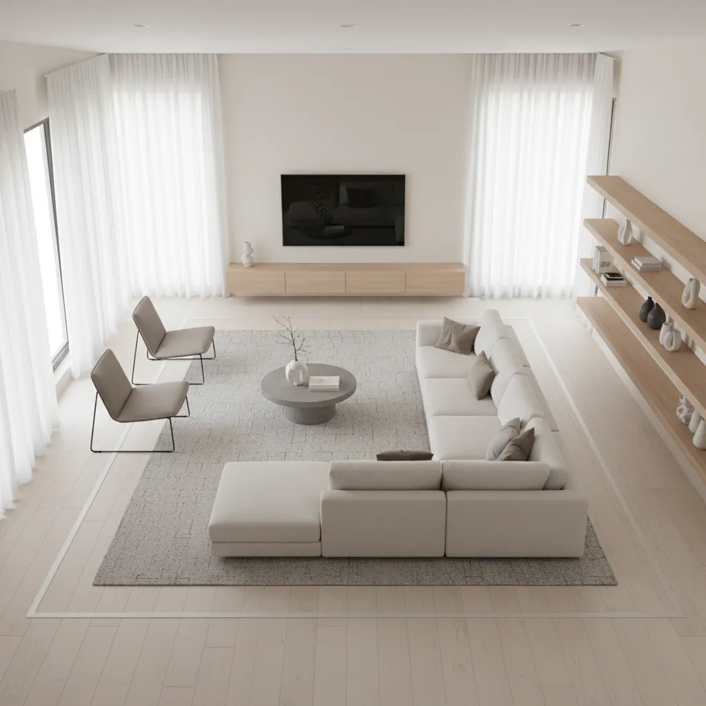 Large living room layout showing clear walking paths around seating area