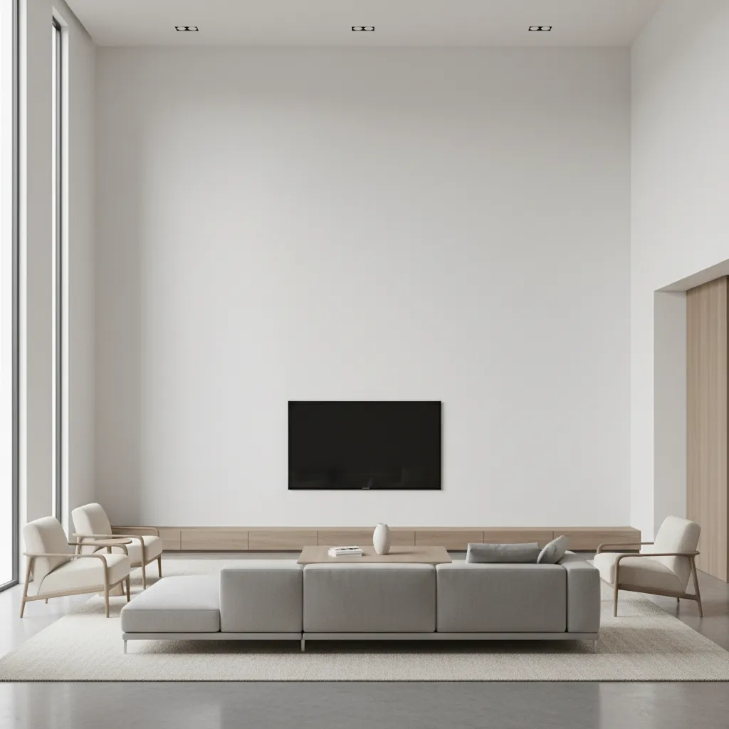 large living room with TV centered on wide wall showing scale challenge