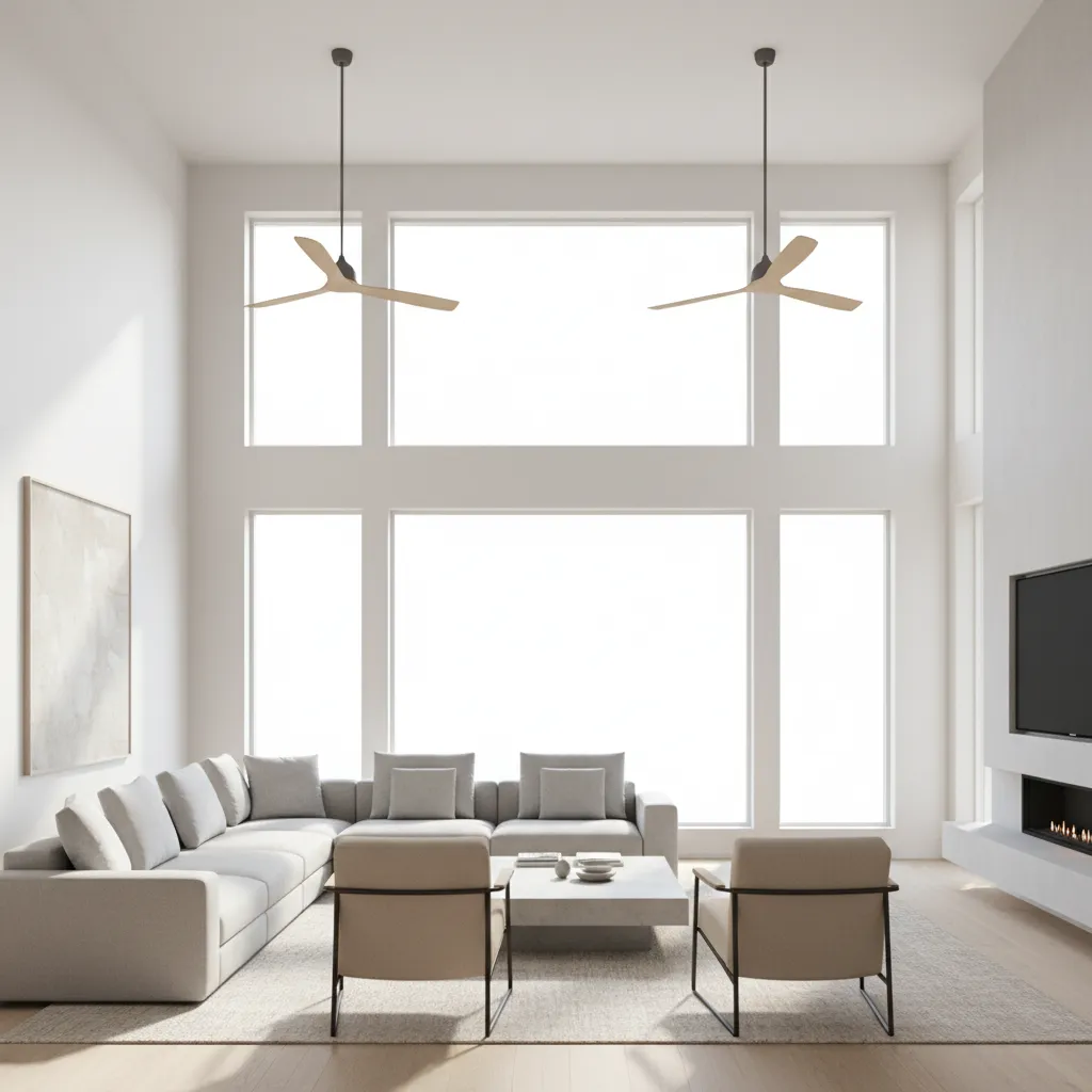 Large open living room with two ceiling fans evenly spaced