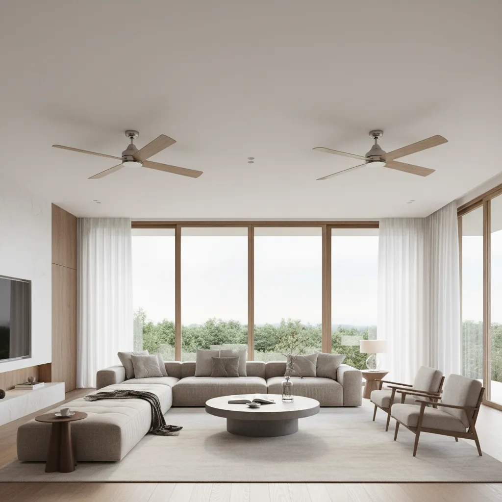 Large open living room with two ceiling fans evenly spaced across seating areas