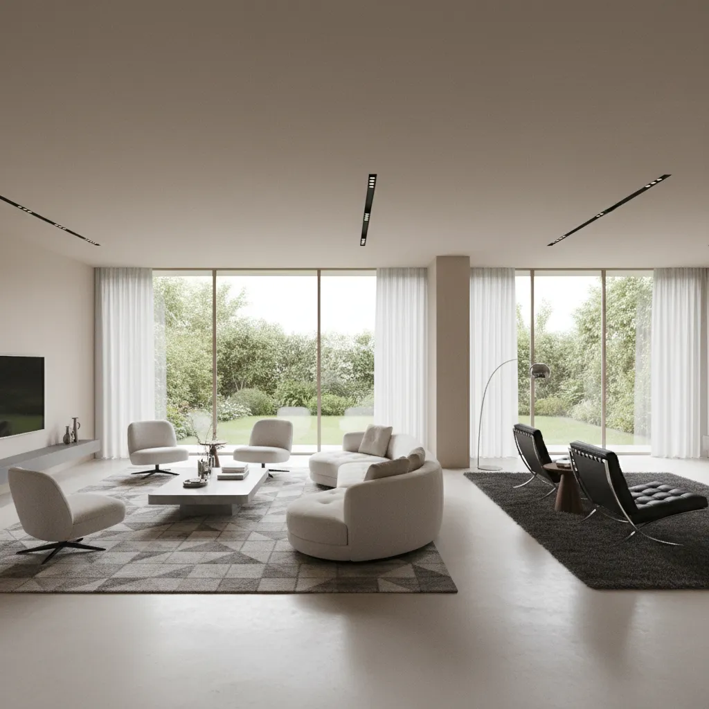 Large living room divided into two seating zones with sofas chairs and rugs