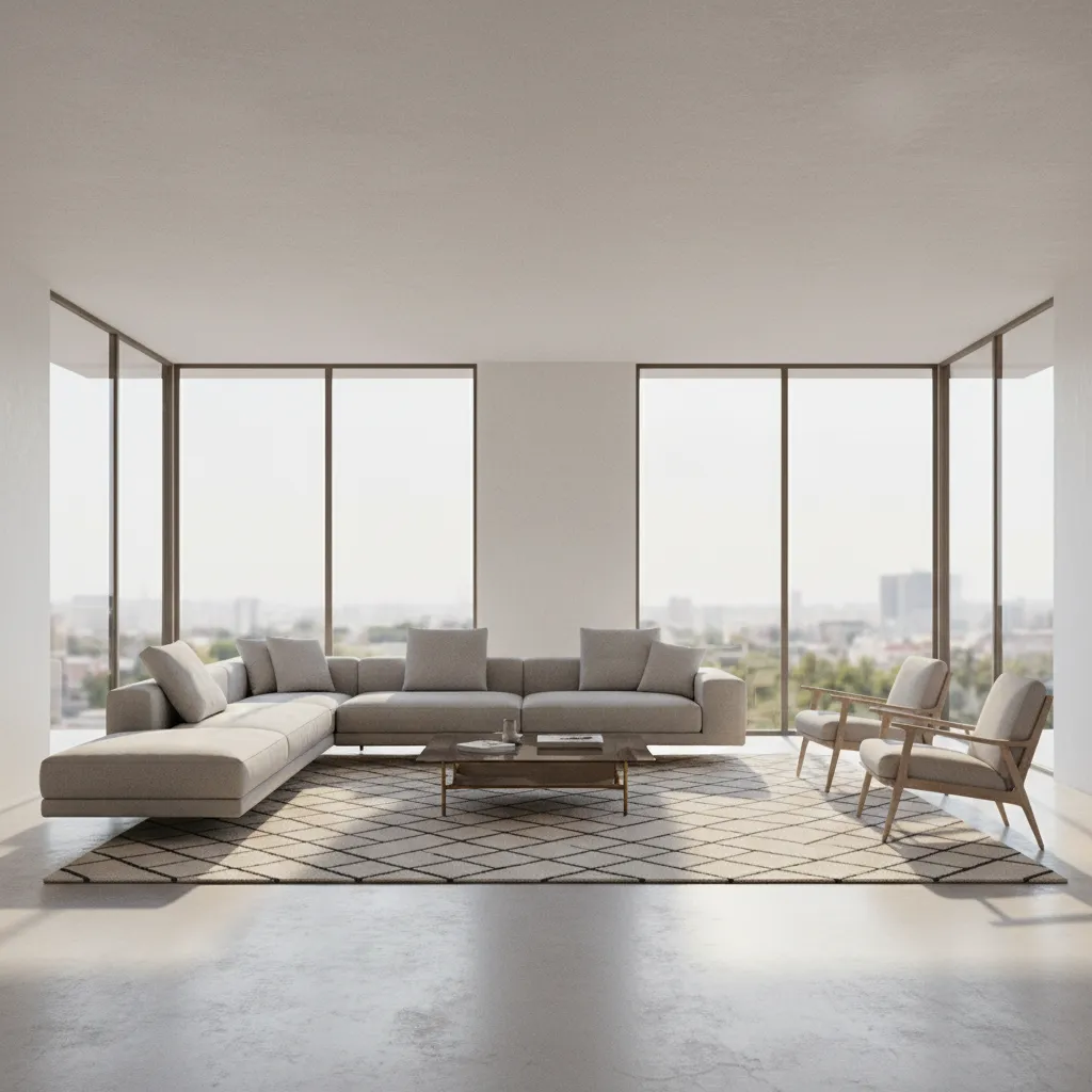 Large living room with floating furniture layout and conversation seating area
