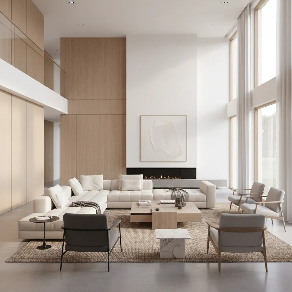 large living room divided into conversation zones with sectional sofa chairs and area rugs