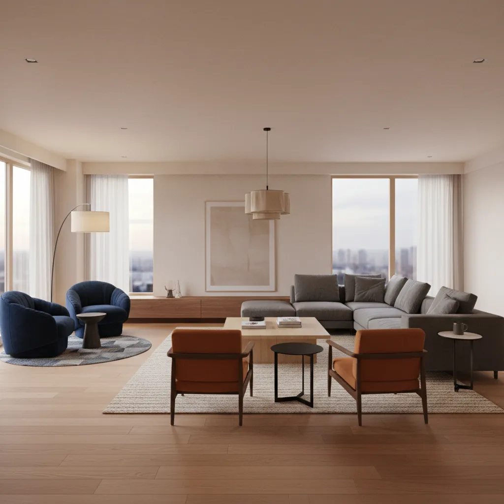 Large living room divided into seating area and reading corner