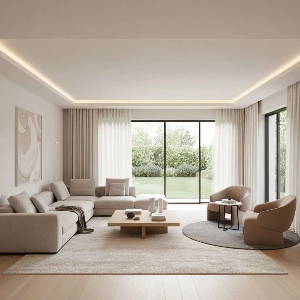 Minimalist living room with corner sofa armchairs coffee table rug and glass doors to garden
