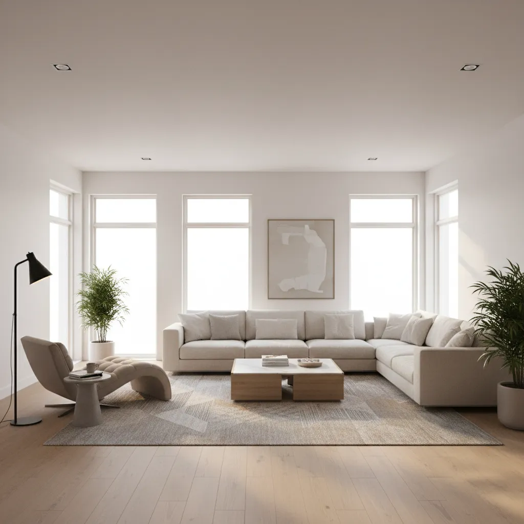 Large living room divided into seating area and reading corner using rugs and lighting