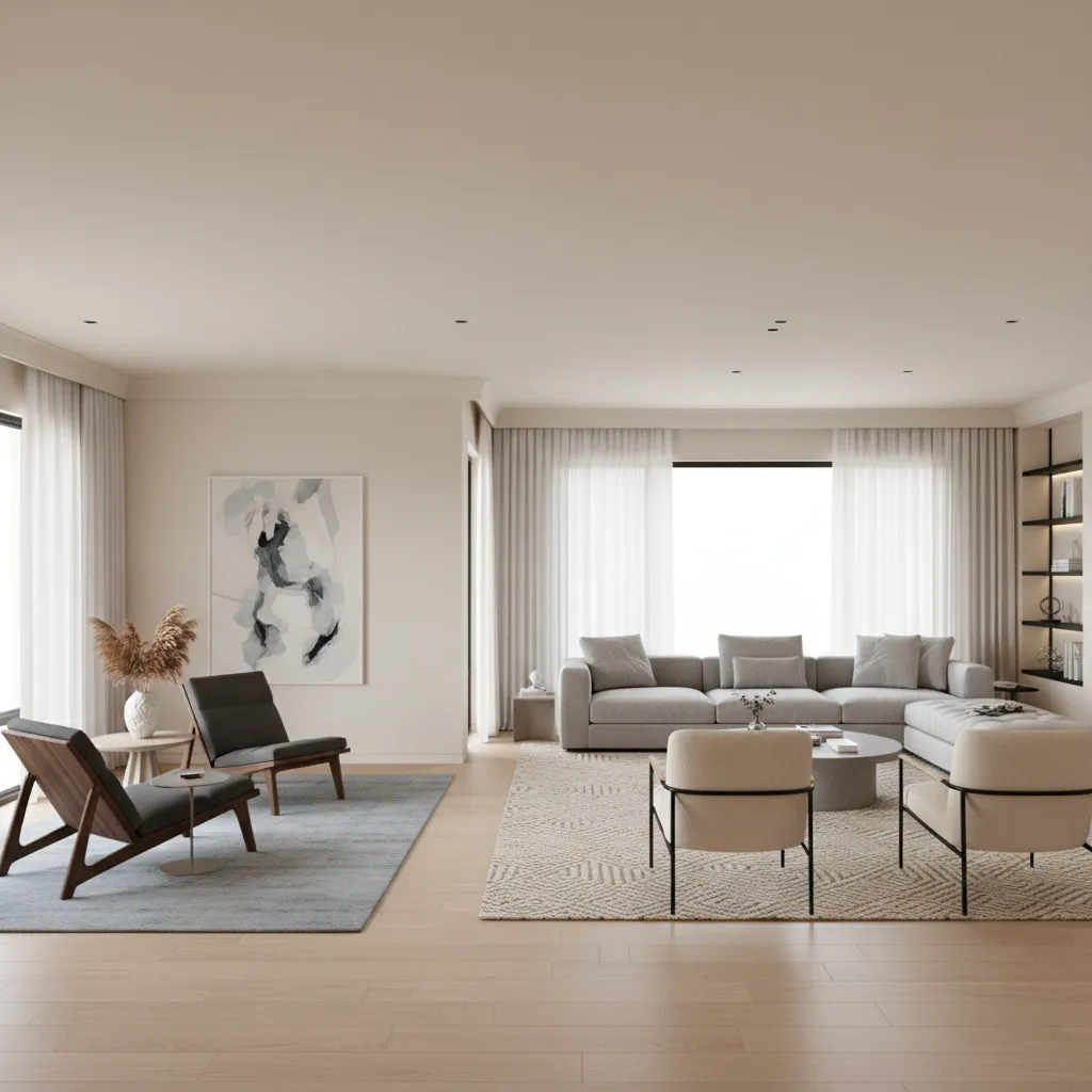 large living room divided into two seating zones with sofas and chairs
