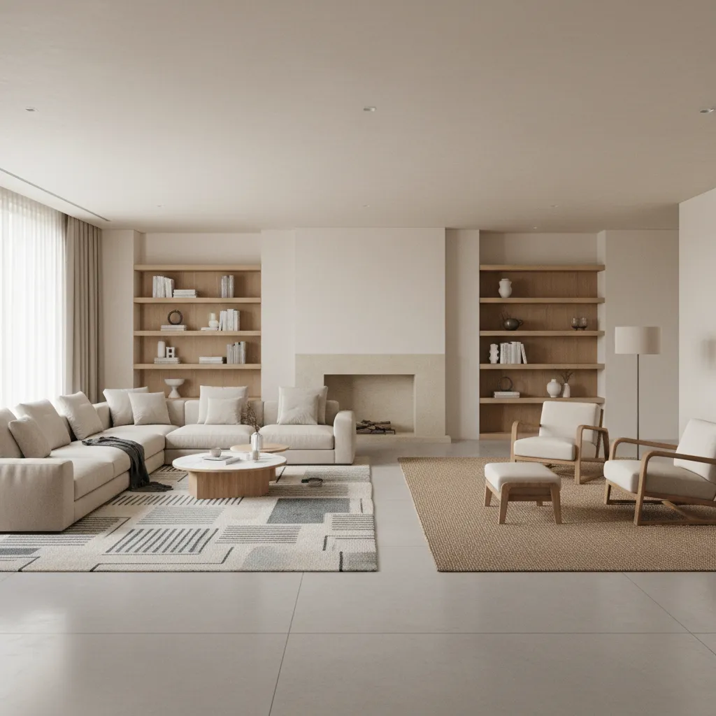 large living room divided into multiple functional seating zones