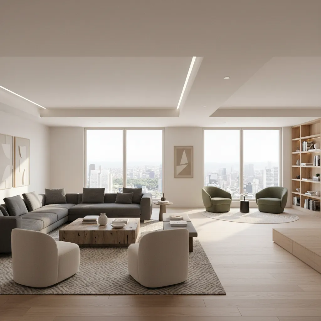 large rectangular living room divided into seating zones