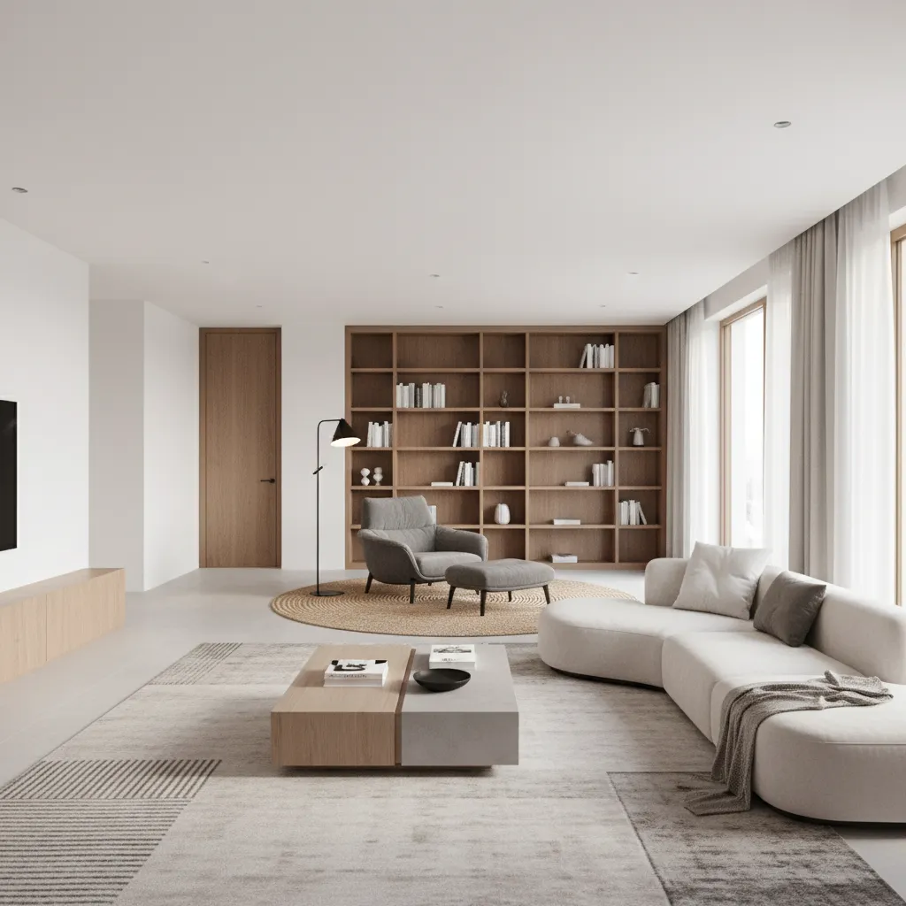 Large living room divided into seating and reading zones