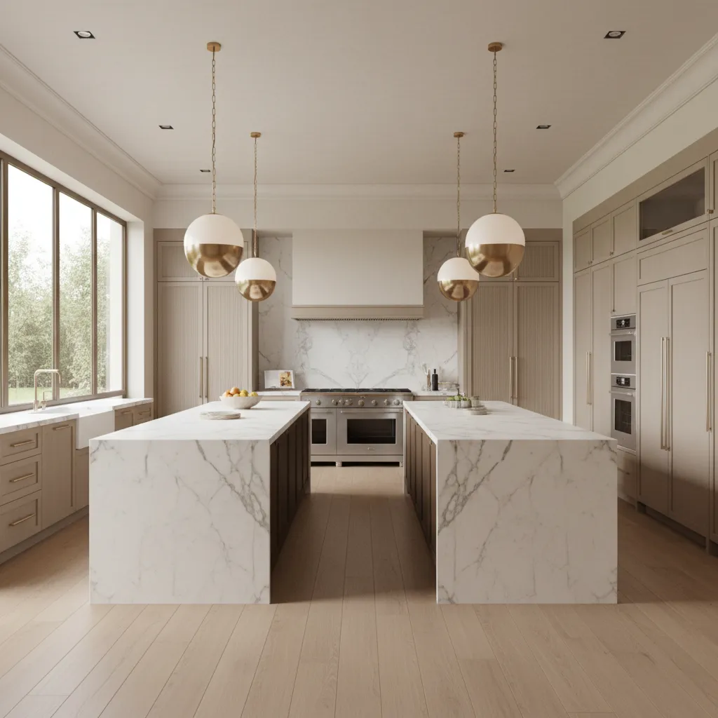 Large luxury kitchen with double islands and modern appliances