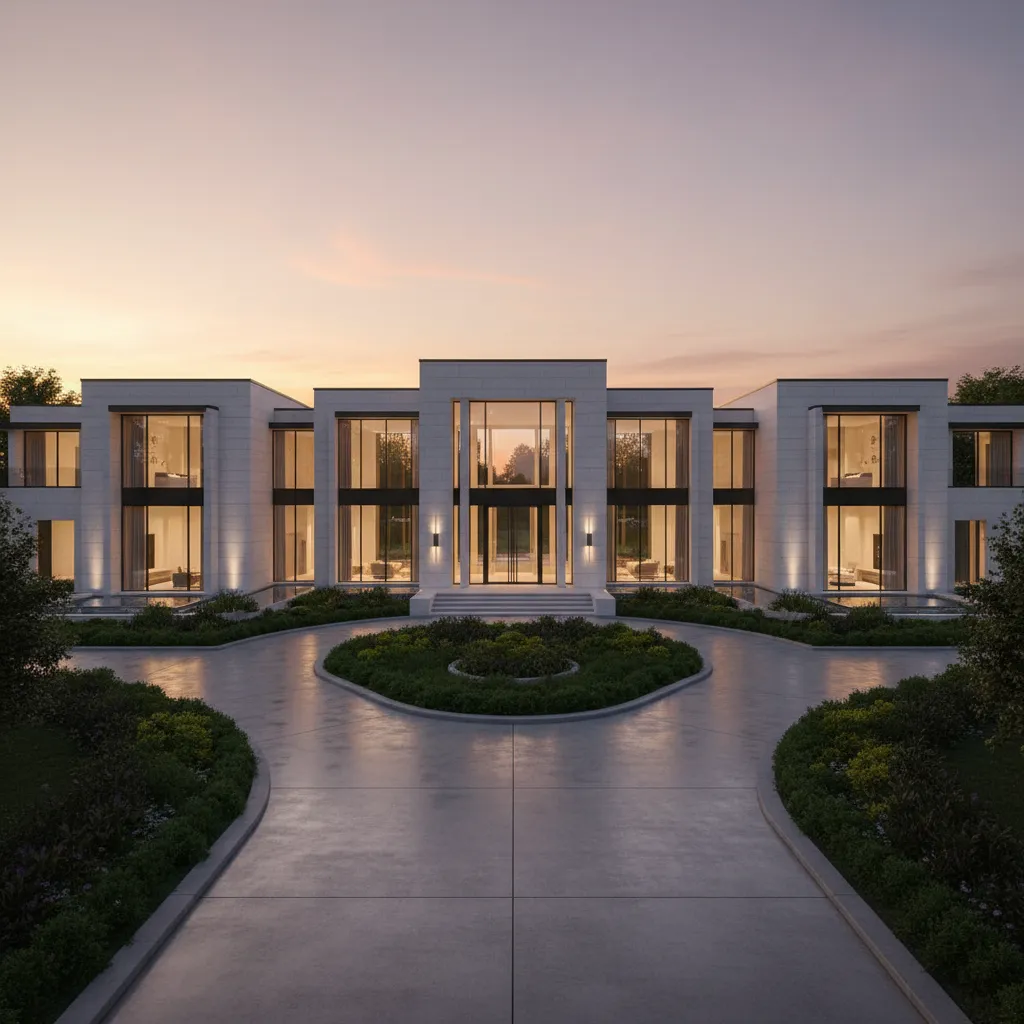Large luxury home exterior with expansive driveway and landscaped estate grounds
