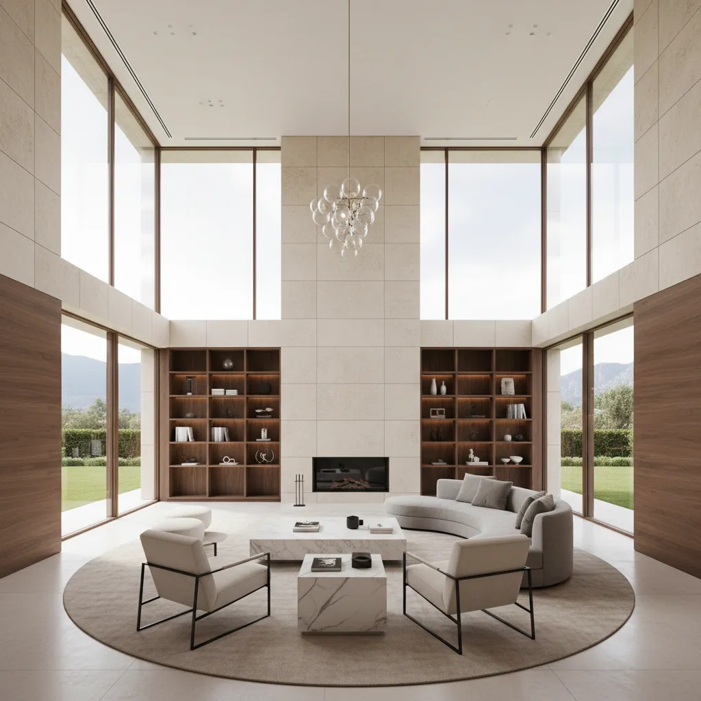 Expansive luxury living room in a large custom home with double height ceiling