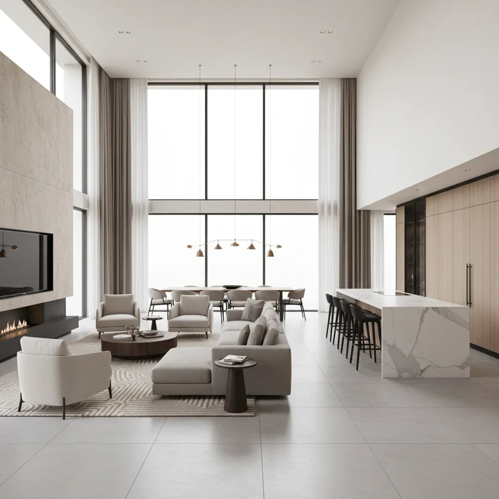 Spacious luxury home interior showing open living room kitchen layout in large house design