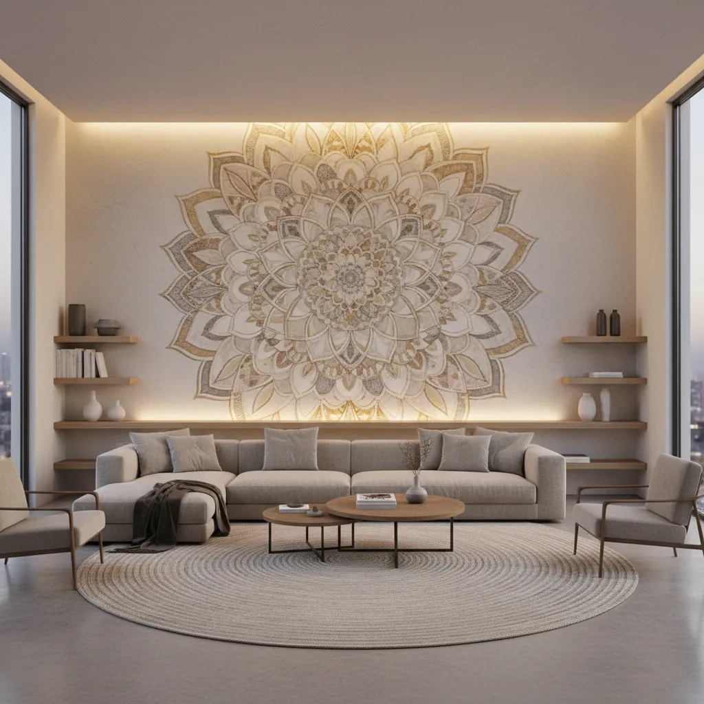 Large mandala wall mural creating statement wall in modern living room