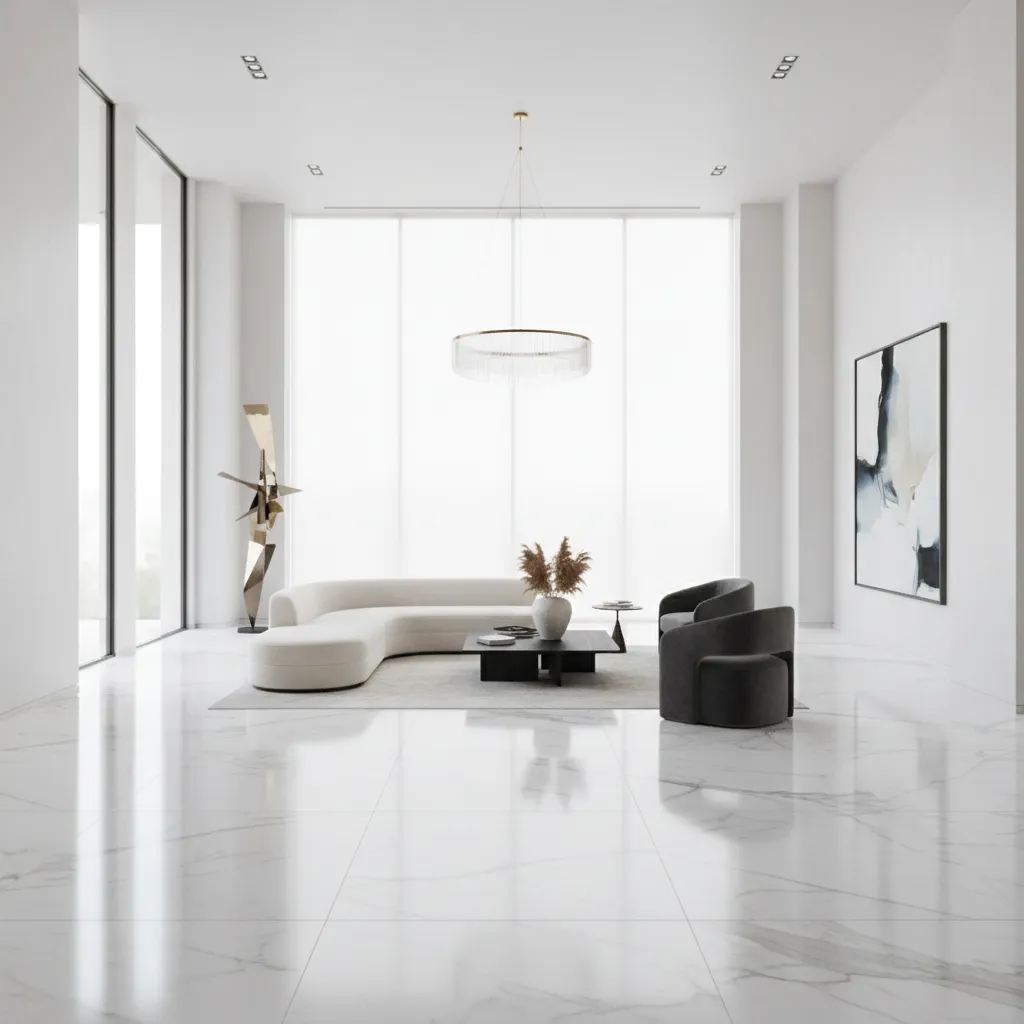 Large marble slab flooring design in spacious hall interior