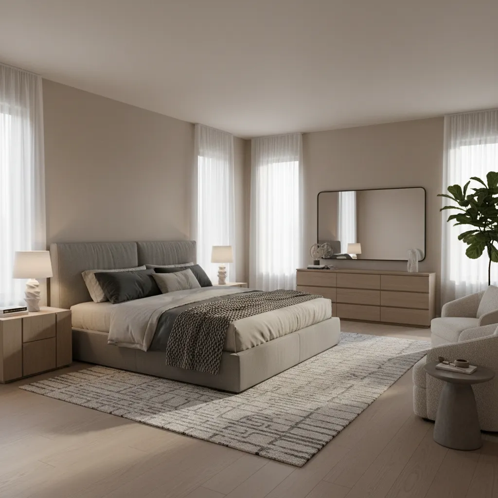 Spacious master bedroom with centered bed and balanced furniture layout