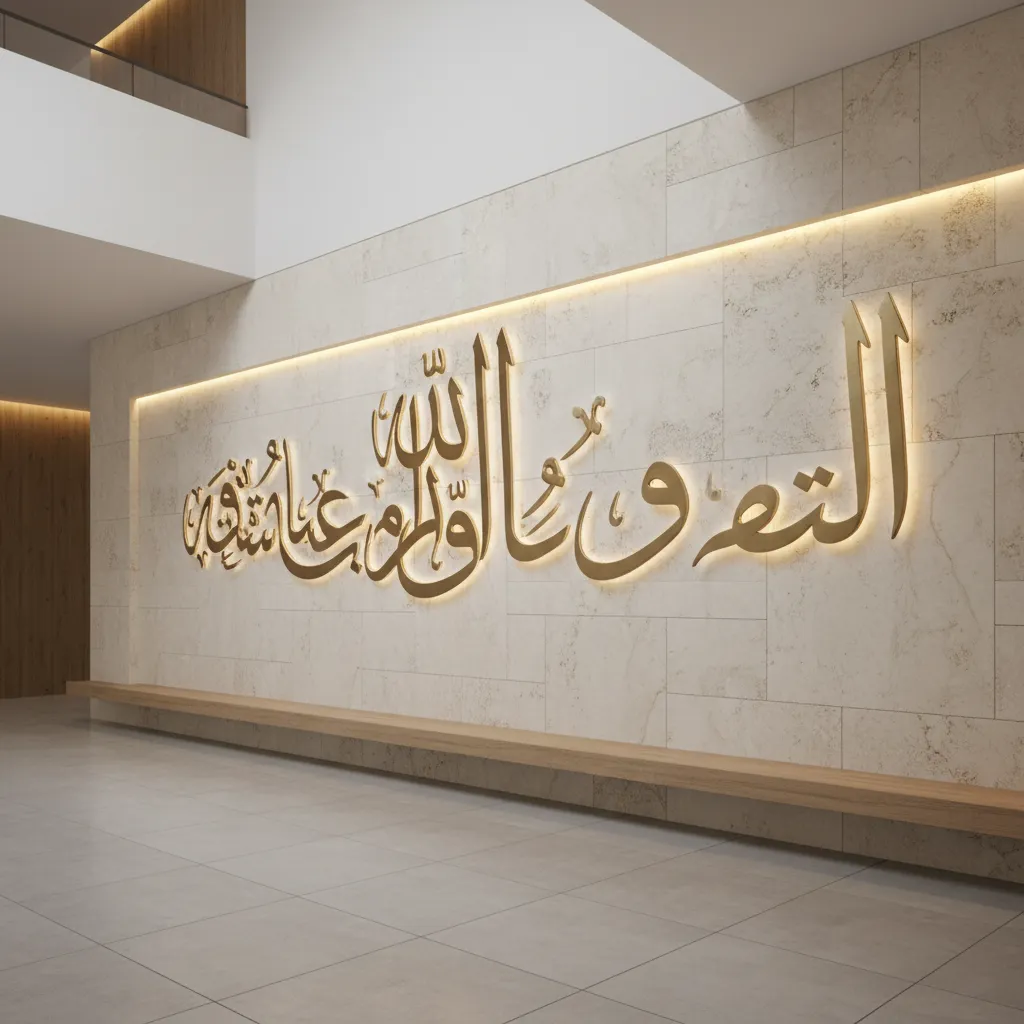 Large modern metal Ayatul Kursi calligraphy wall installation in Islamic center