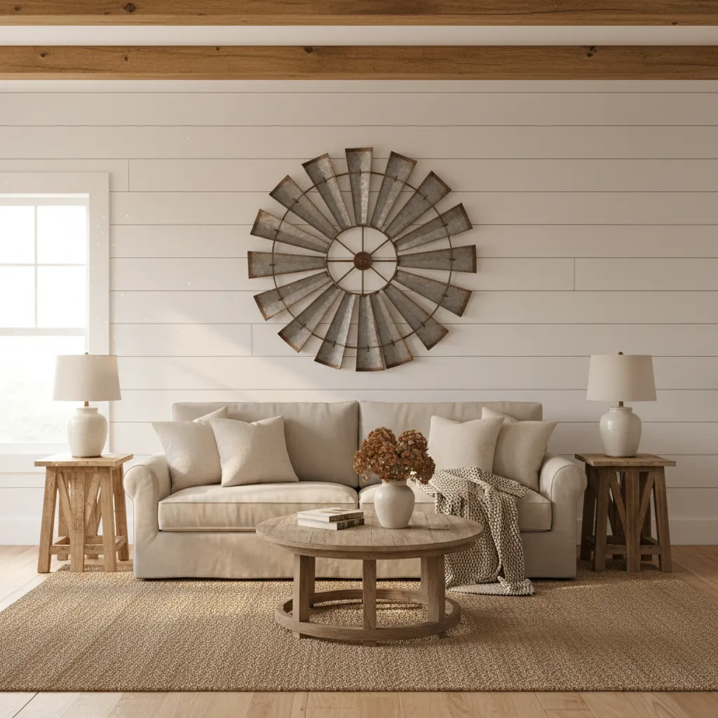 Oversized metal windmill wall decor mounted on farmhouse living room wall