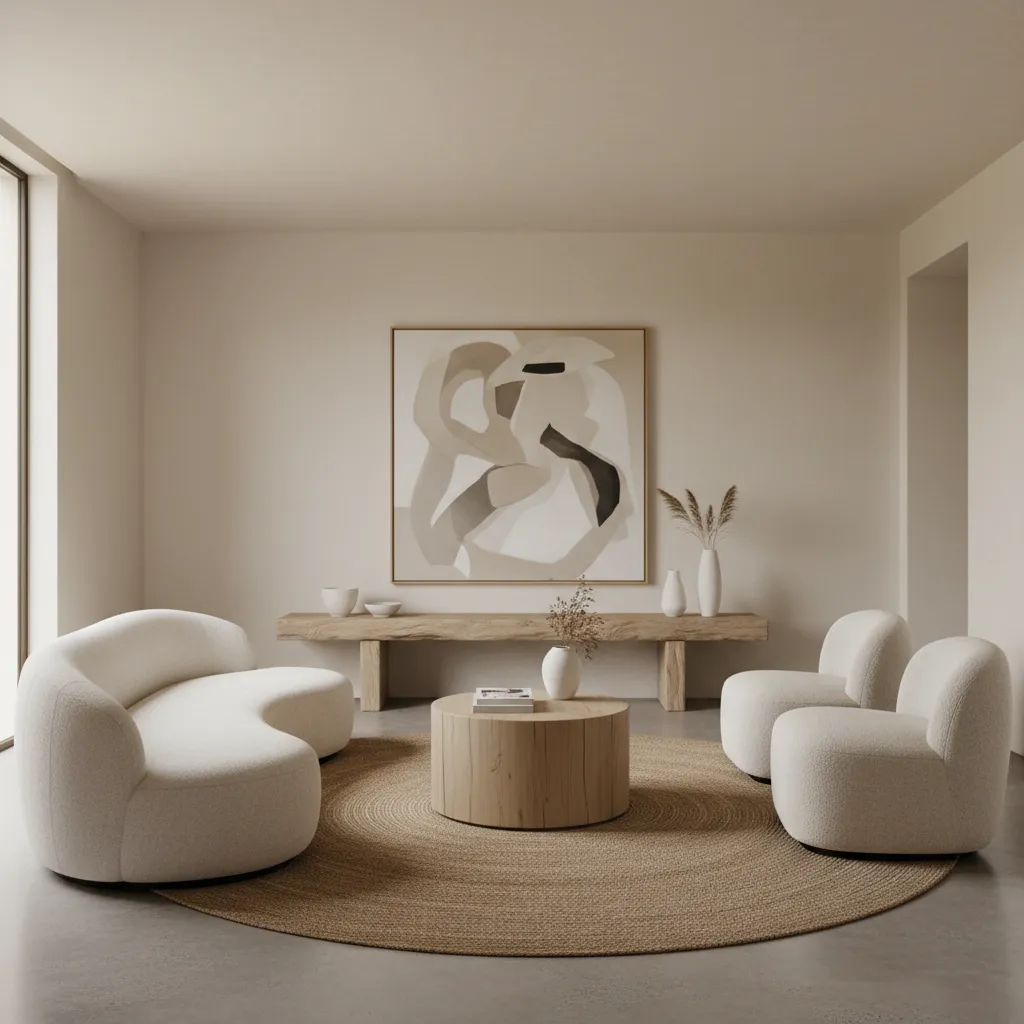 Gran salón minimalista con pocas piezas de gran tamaño