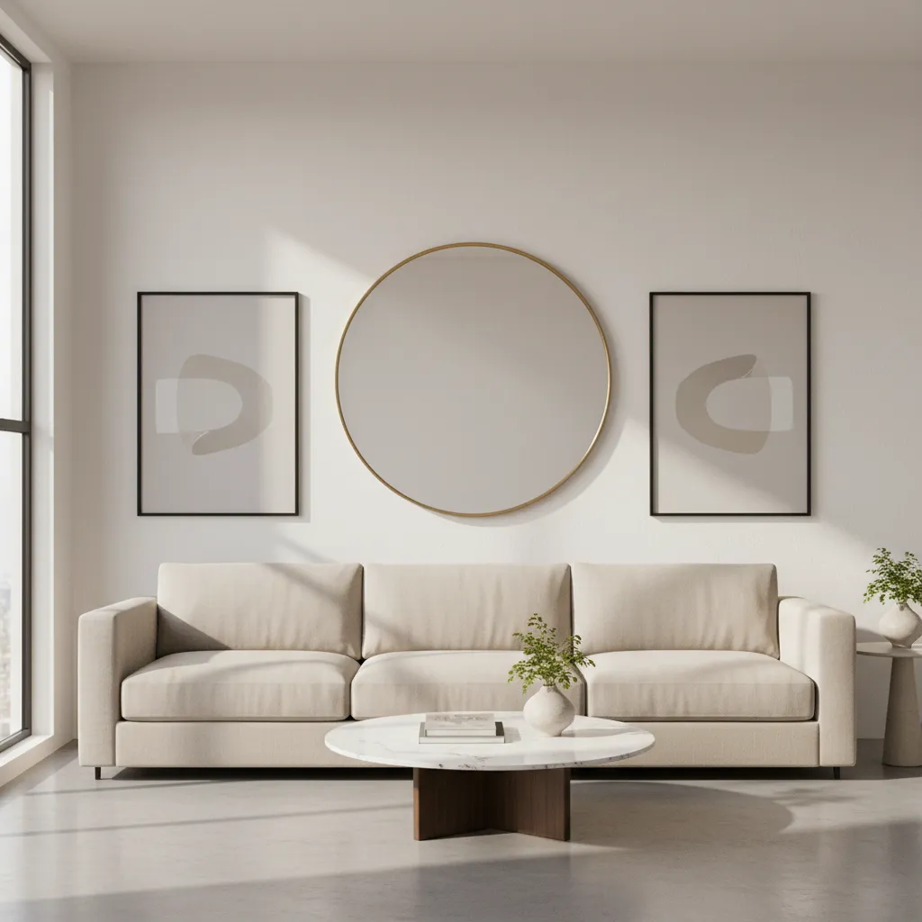 Large round mirror centered above a sofa in a bright living room