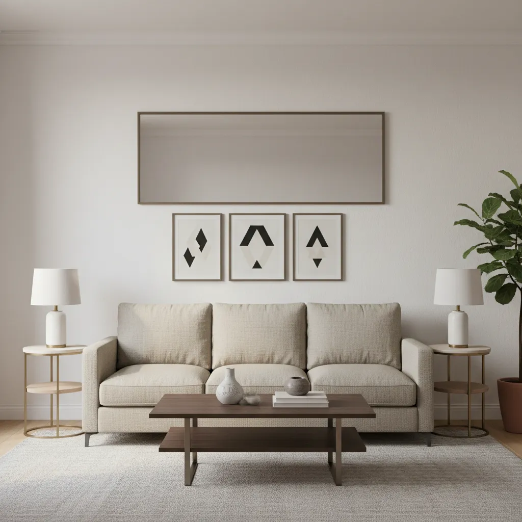 large rectangular mirror above sofa in small living room