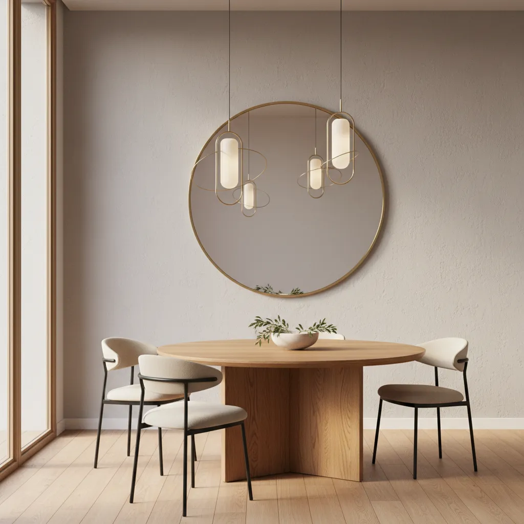 dining room with oversized mirror used as wall art