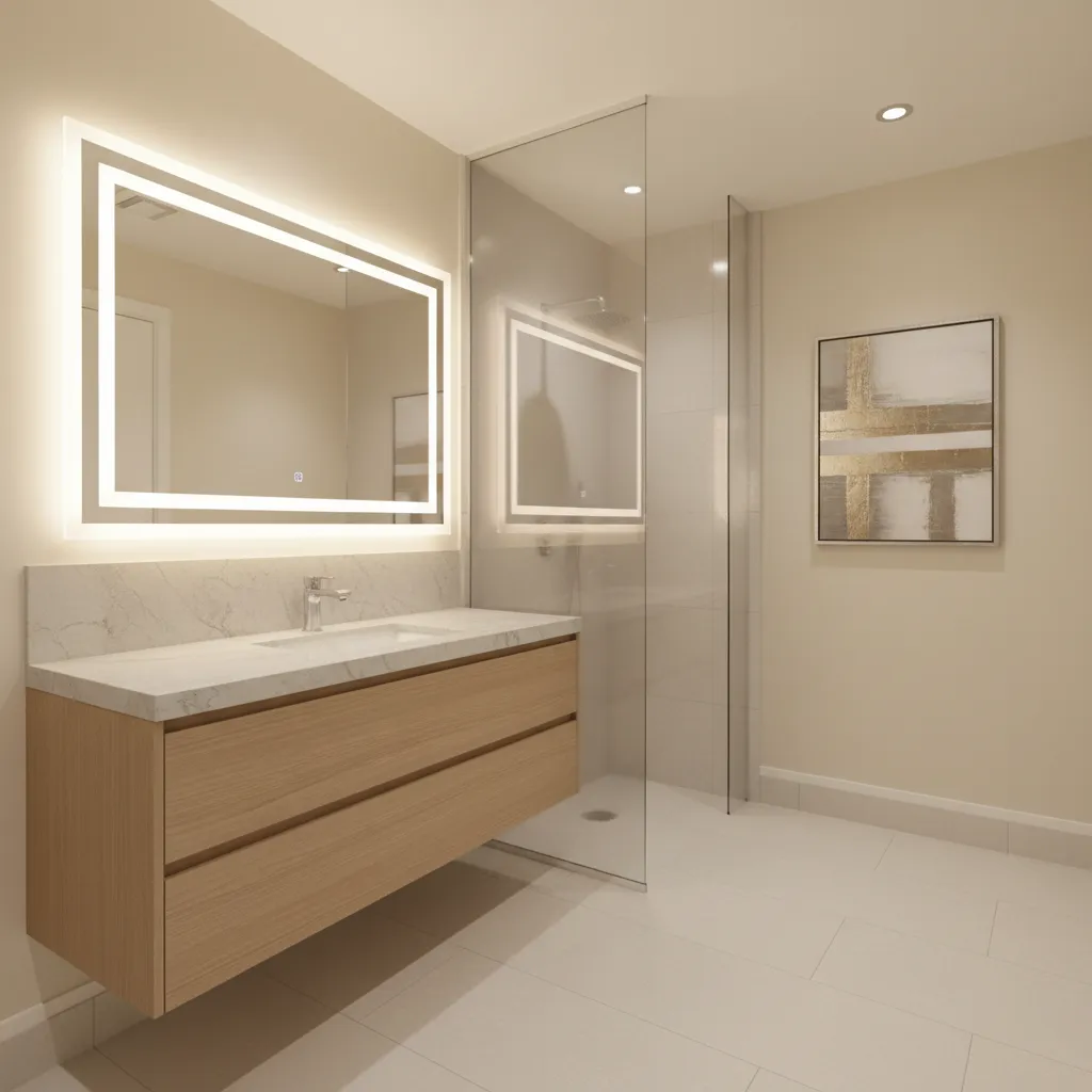 baño pequeño con espejo grande iluminado sobre el lavabo