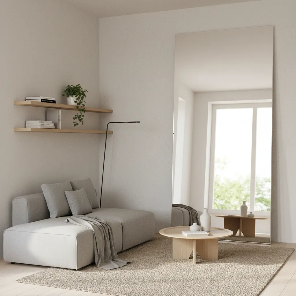 Large floor mirror reflecting light in a small modern living room