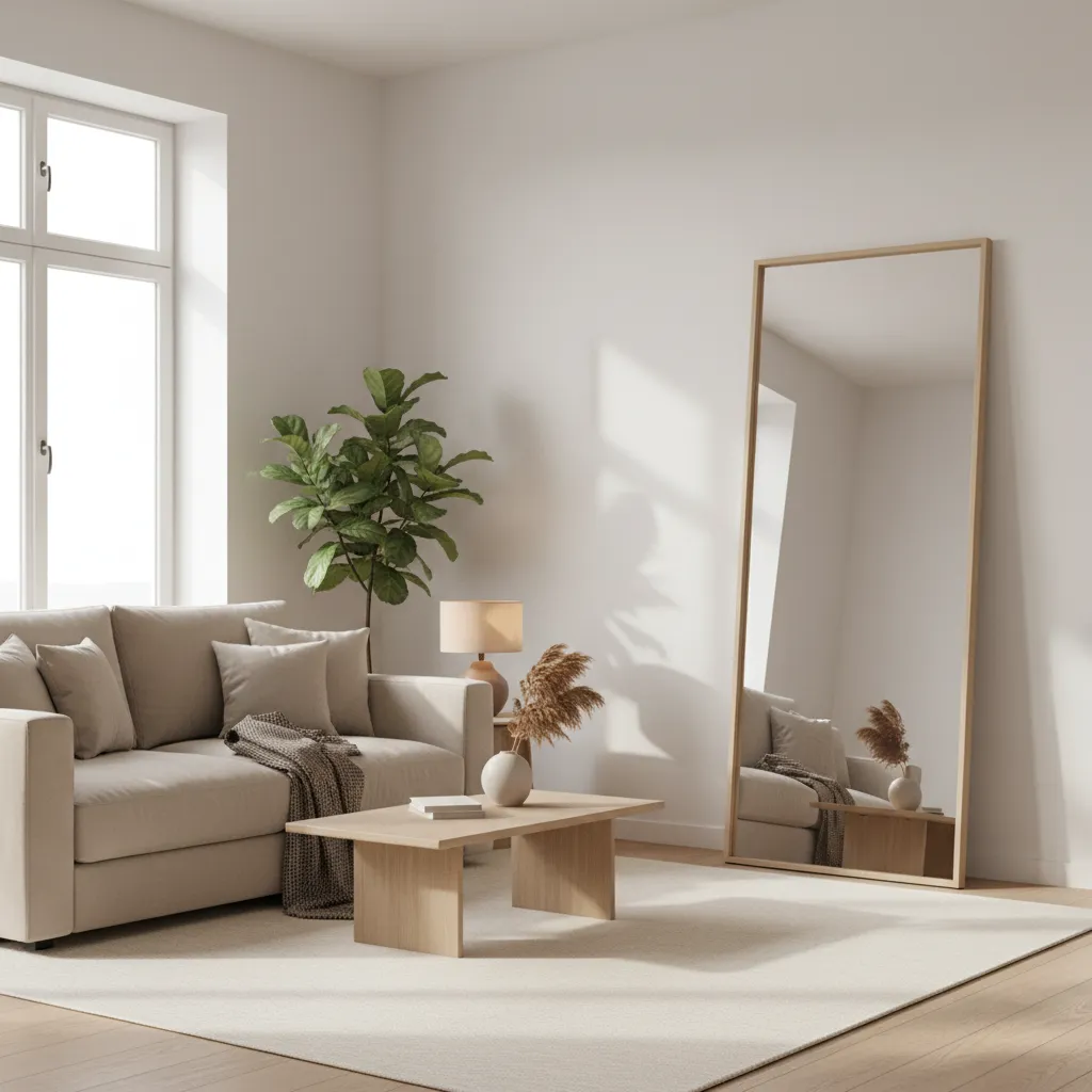 Large floor mirror making a small living room appear visually larger