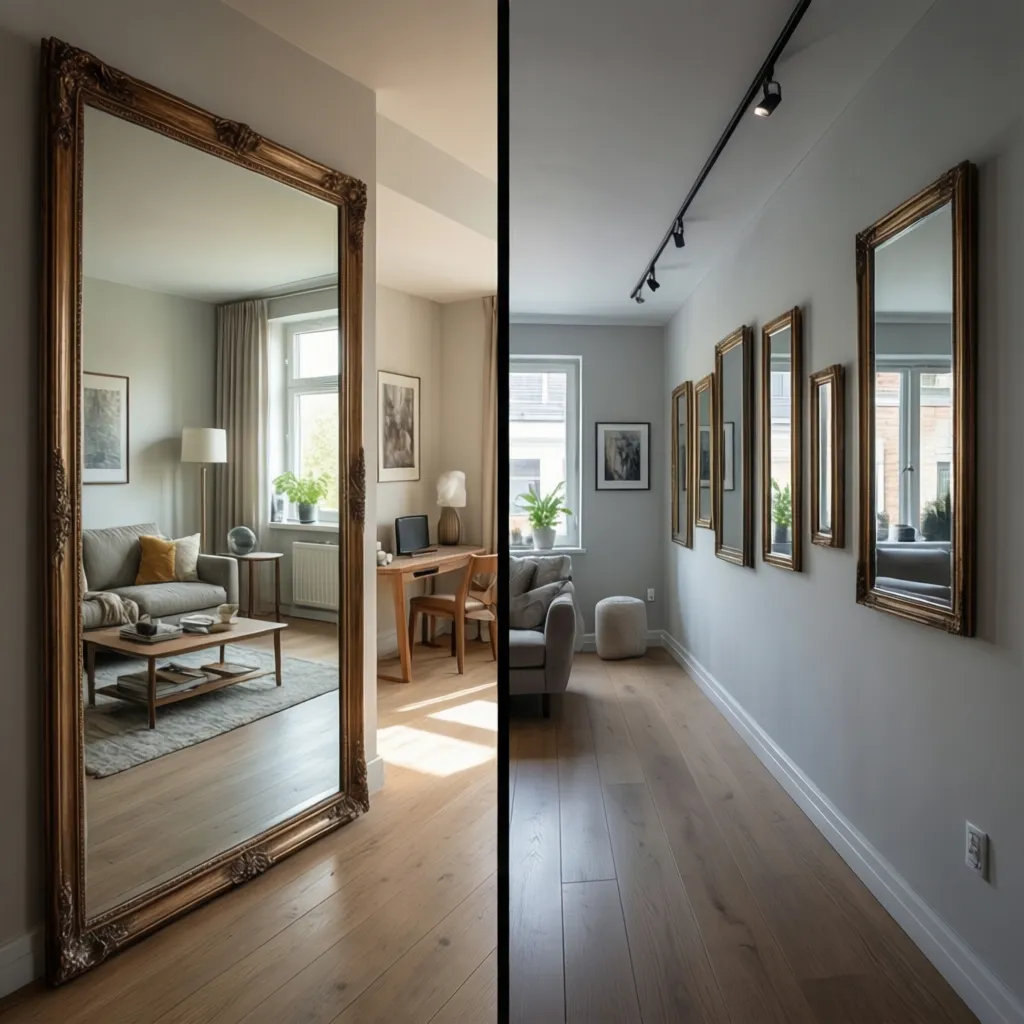 Comparison of single large mirror and multiple small mirrors on apartment wall