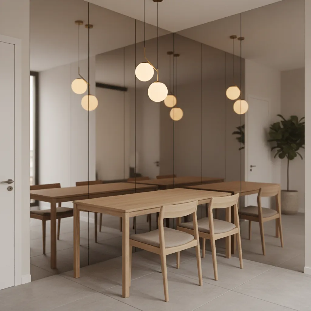 Dining nook with large wall mirror creating illusion of larger space