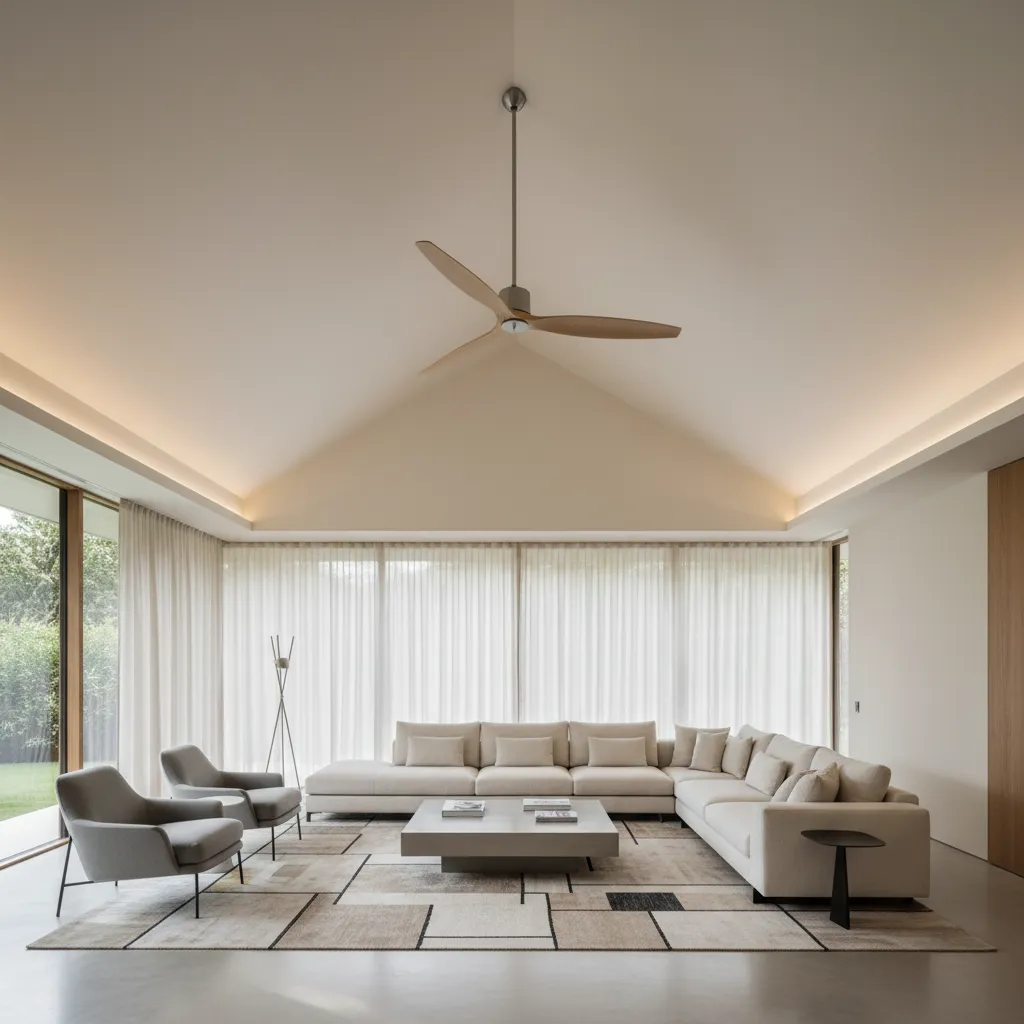 large modern ceiling fan installed in a spacious living room