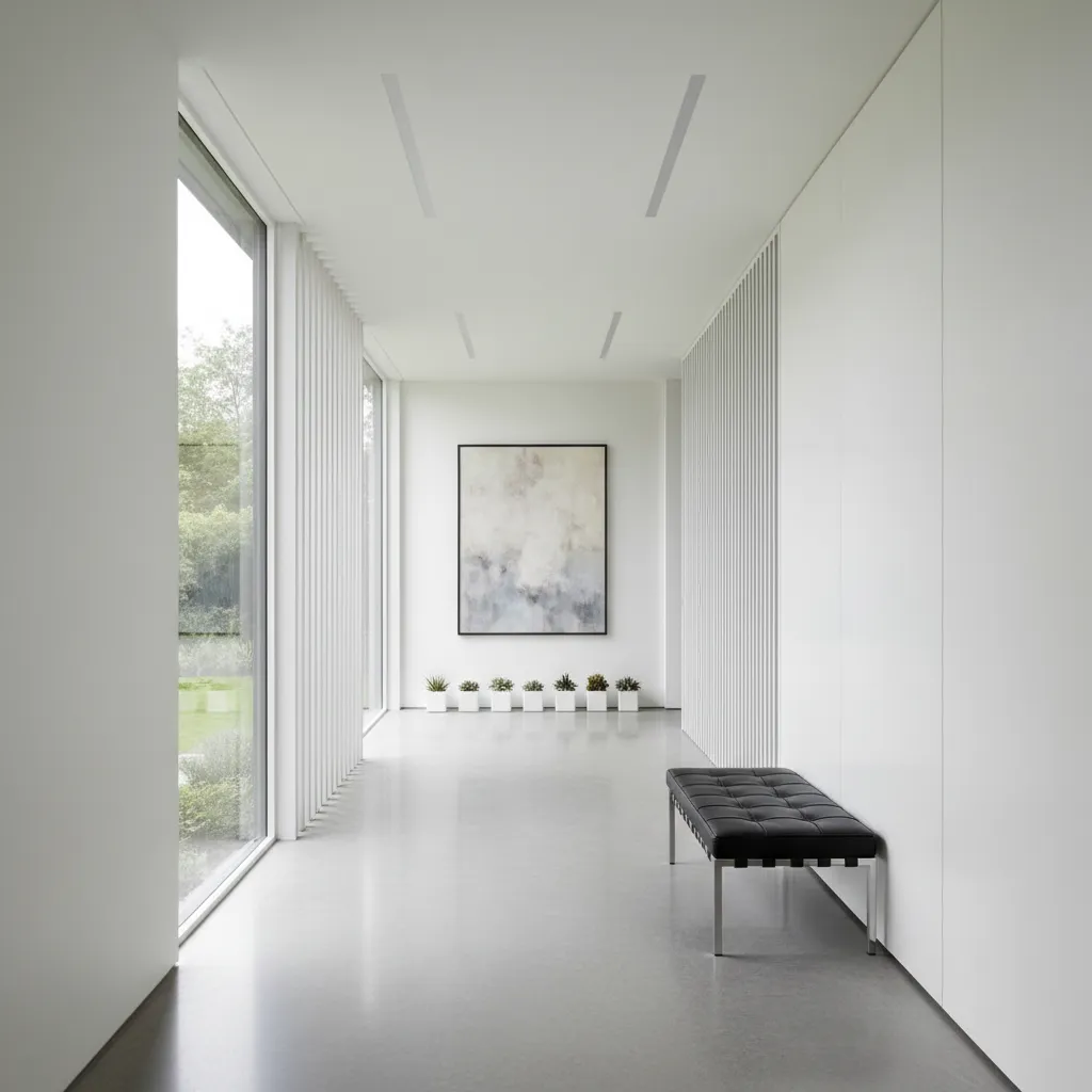 Minimalist white hallway featuring large window black bench wall art small plants and bright light