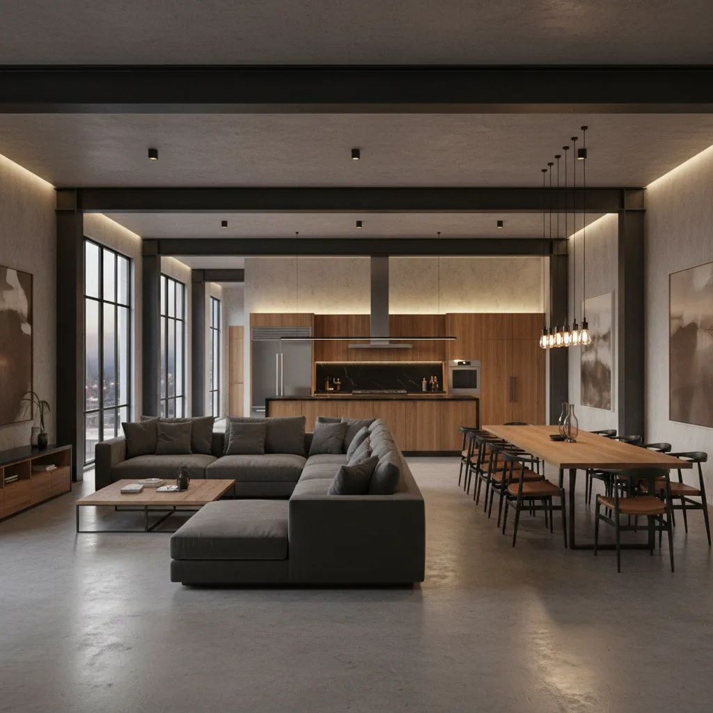 large modern loft interior with oversized sofa and open dining area