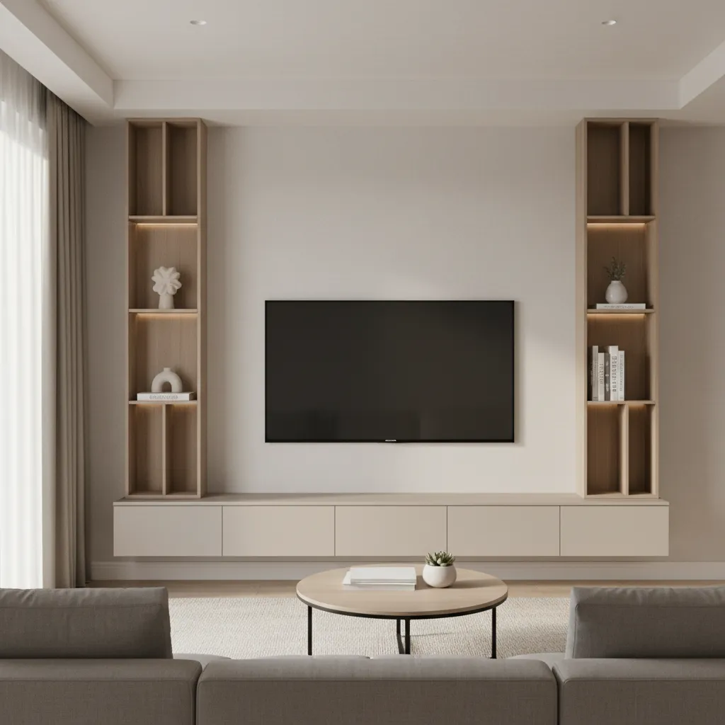 Large modern TV unit with cabinets and shelving in living room