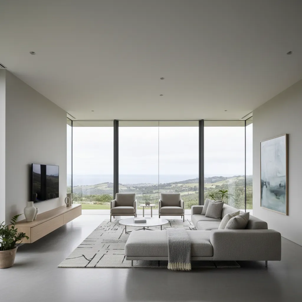 Salón con ventanales modernos amplios y marcos delgados