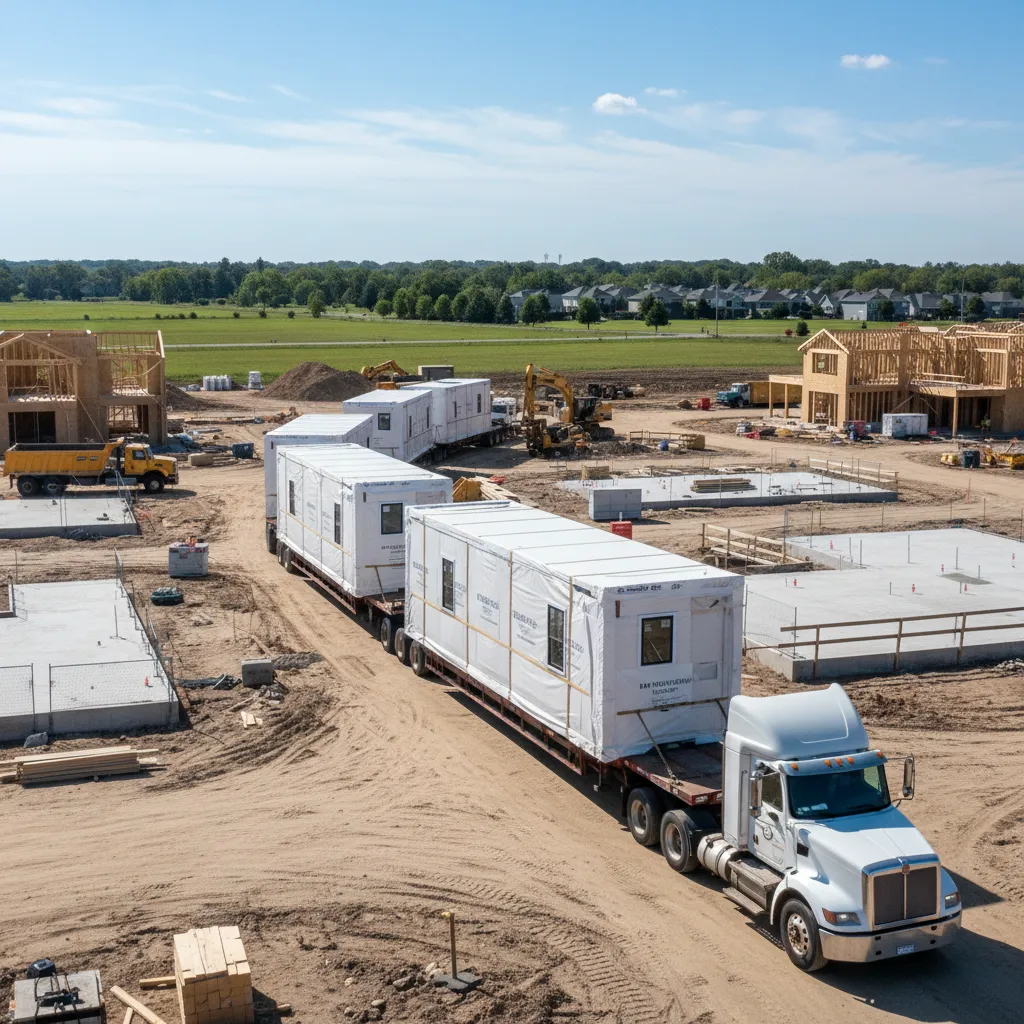 Large modular home sections being delivered on trucks to construction site