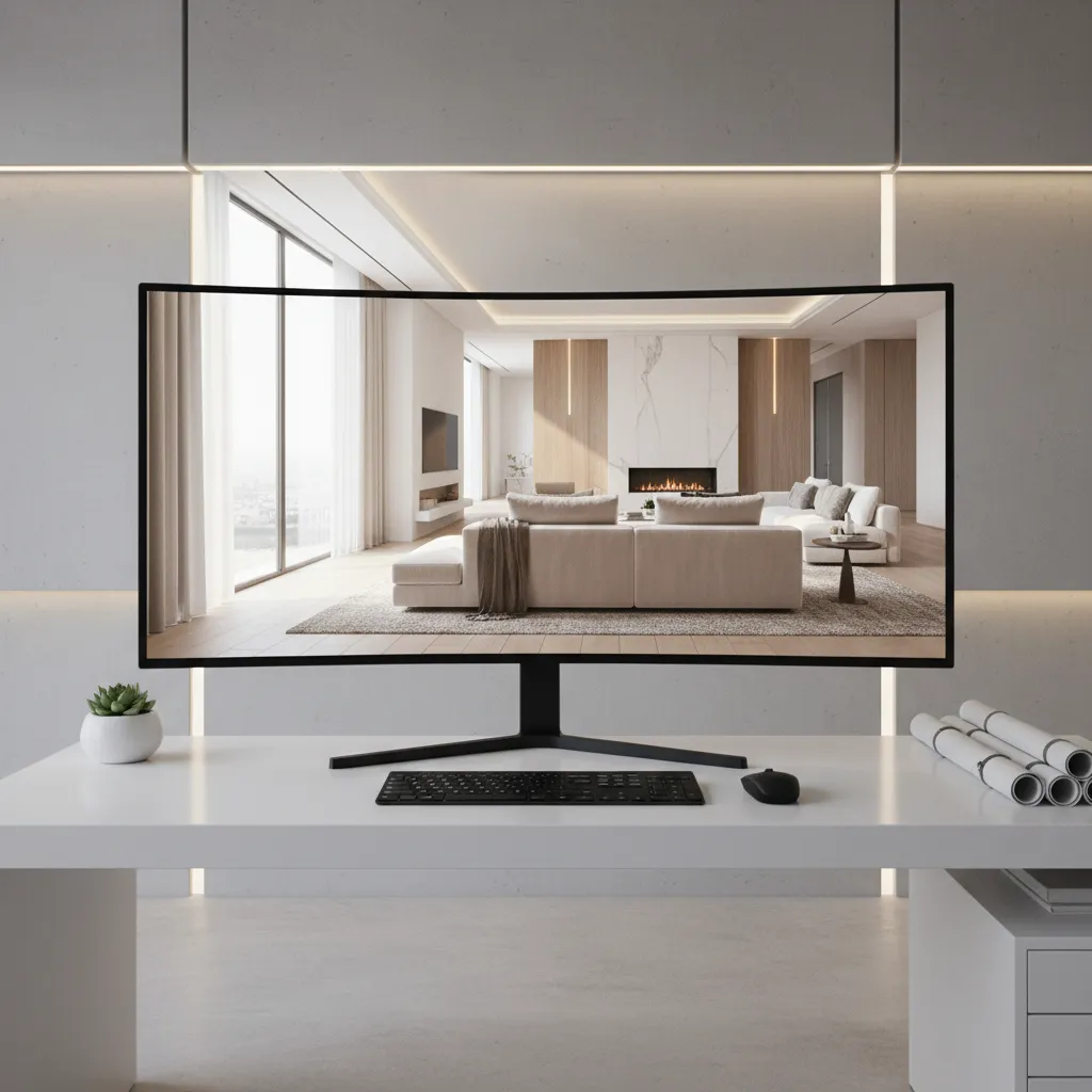 large studio monitor displaying ultra detailed 8K interior living room wallpaper